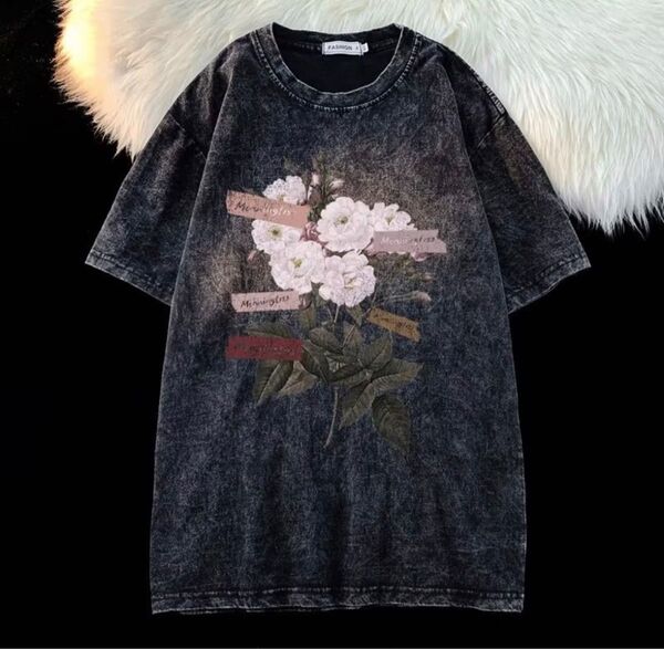 ウォッシュ加工 Tシャツ 花柄 XL ダメージ加工 古着風 オーバーサイズ
