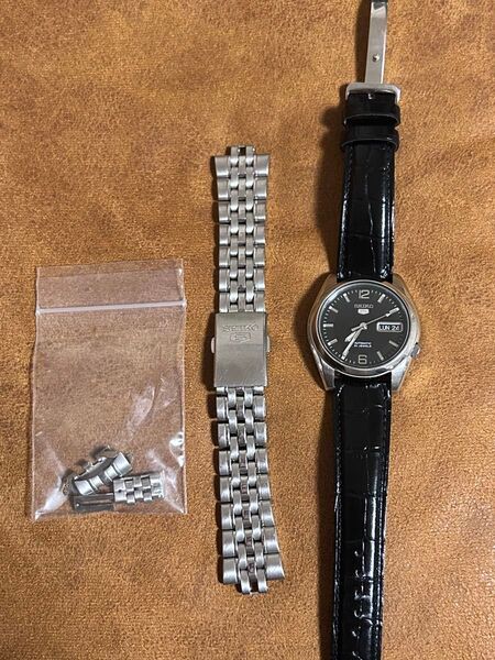 稼働品 SEIKO 5 メンズ 腕時計 逆輸入セイコー 自動巻き 機械式 文字盤ブラック 37mm 純正ステンレスベルト付き