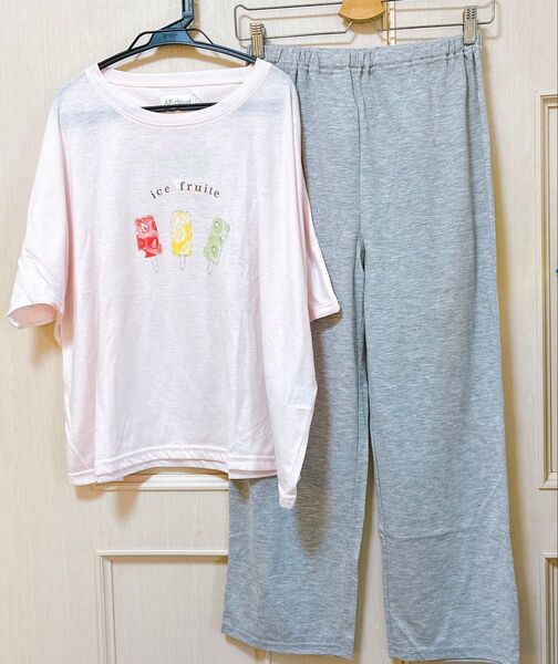 定価2990円 新品★ゆったり Lサイズ ドルマリン半袖Tシャツ パンツ 上下セット 部屋着 ホームウェア パジャマ 長ズボン