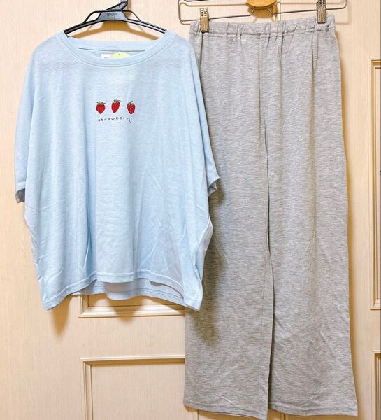 定価2990円 新品★ゆったり M ドルマリン半袖Tシャツ パンツ 上下セットアップ 部屋着 ホームウェア パジャマ 長ズボン