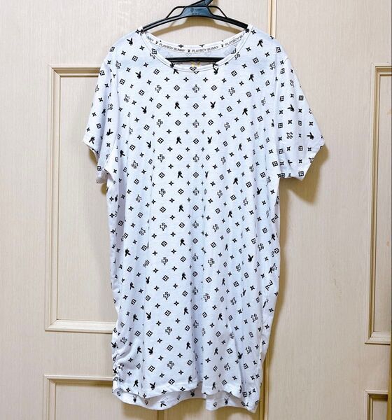 PLAYBOY Bunny プレイボーイ バニー 半袖Tシャツ ロング丈 トップス カットソー チュニック Lサイズ レディース