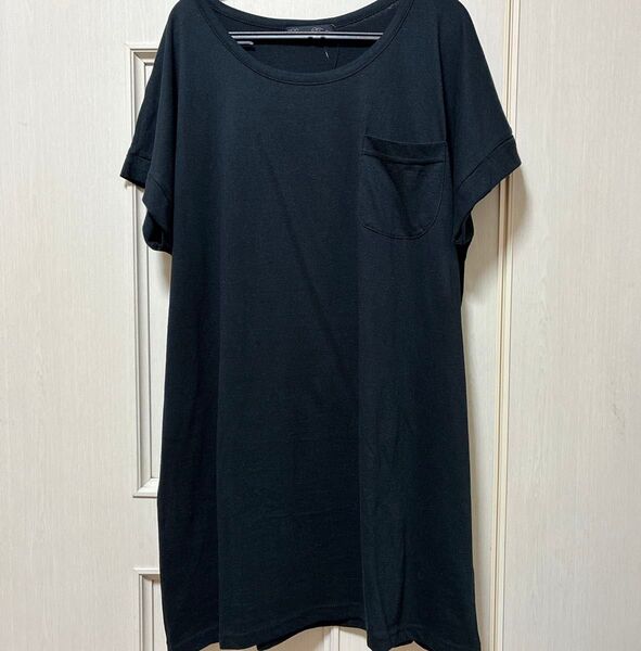 新品 綿100% 半袖チュニック フレンチスリーブ ワンピースTシャツ ロング丈 Tシャツ トップス カットソー Mサイズ 黒色