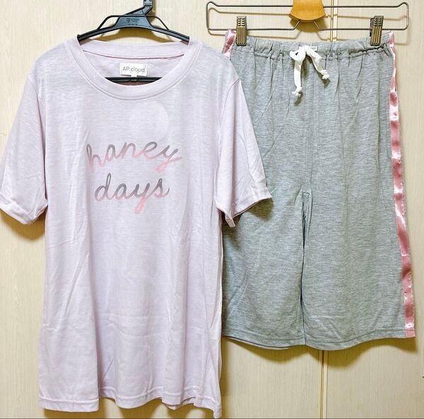 定価2990円 新品 軽く柔らか天竺素材 M 半袖Tシャツ ハーフパンツ 上下セットアップ ピンク 部屋着 ホームウェア パジャマ