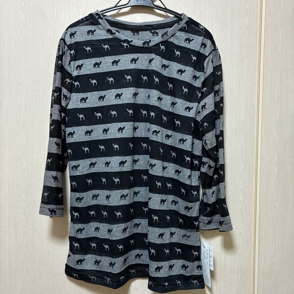 難あり 新品 シースルー ラクダ柄 ボーダー 七分袖Tシャツ M〜L 黒グレー 涼しげ 柔らか 軽い 肌ざわり良き 心地よい