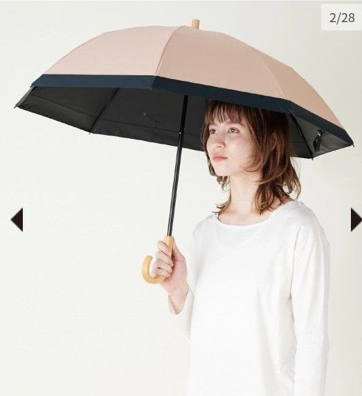 【中古美品】サンバリア100 折りたたみ日傘 晴雨兼用 ピンク ブラック 2段折 / コンビ(ピンク, 木曲がり手元)