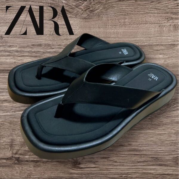ザラ ZARA ブラック トングサンダル 38 ブラック FLAT STRAPPY SLIDER SANDALS