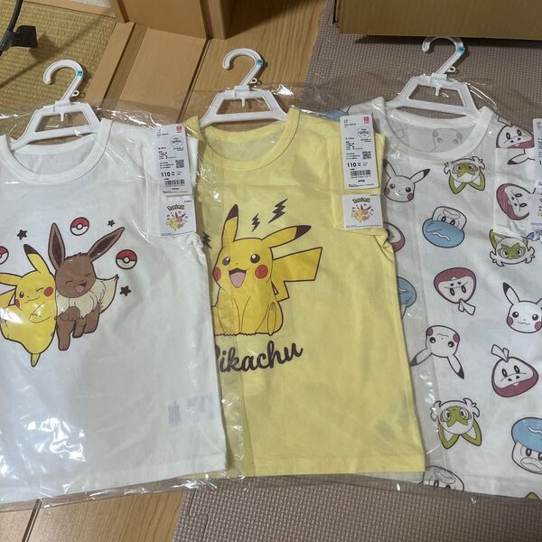 110cm 3枚セット新品ポケモン 半袖Tシャツ 子供服ピカチュウ ハンガー付き