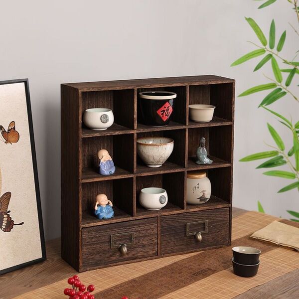 激安 引き出し 木製ラック 茶器収納棚 茶キャビネット ティートレー 壁掛け可能 ウォール