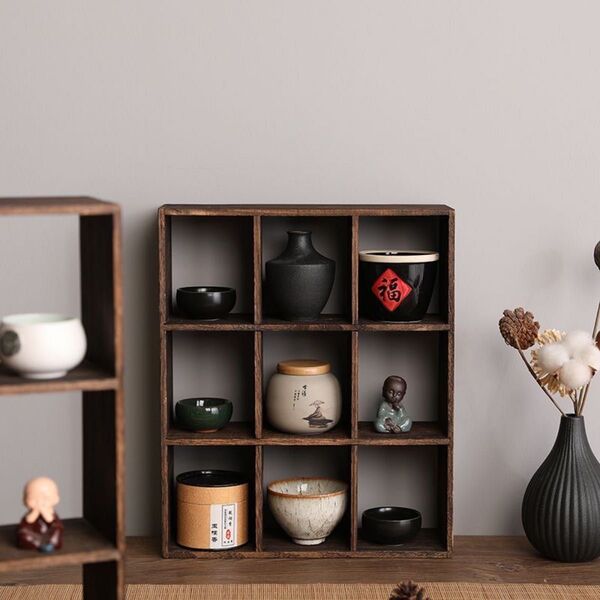 木製棚 茶器収納棚 卓上収納 棚 飾棚 ウォールシェルフ 仕切り 茶キャビネット ティーポット収納棚 茶杯ティーポット 茶道