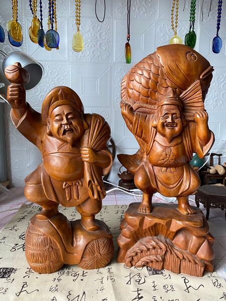 古美術 木彫り 恵比寿 大黒天置物 2体 一木彫りで重厚 時代物 骨董品