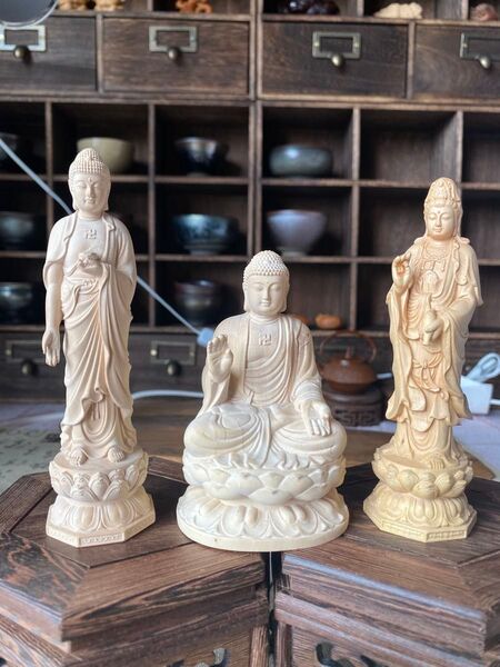 黄楊木彫刻 観音 大日如来木彫置物 総柘植材 細工精彫 木彫仏像 開運風水 座像 立像 お守り 観音菩薩 三尊像