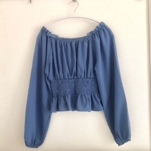 長袖 ブラウス オフショルダー ペプラムトップス 水色 2way