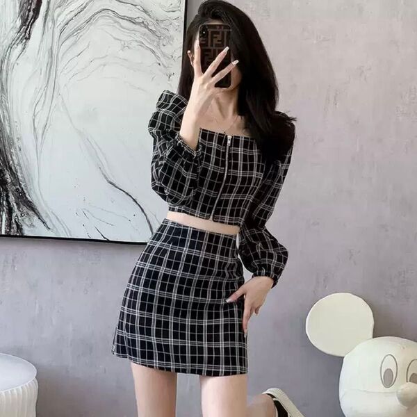 M キャバドレス チェック 黒 韓国 ワンピース レディース トップス スカート 長袖 ブラック キャバ嬢 デート 女の子