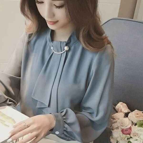 M ブラウス シャツ ボウタイ 長袖 はブルー 韓国 フォーマル トップス きれいめ 上品 オフィスカジュアル 通勤 オフィス