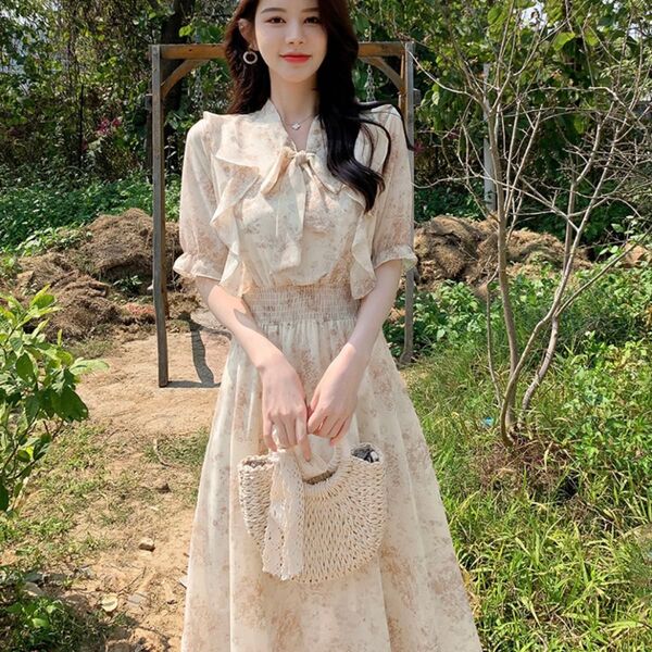 ワンピース M 長袖 花柄「ラスト1点」アプリコット 花柄 シフォン 韓国風 レディース フリル デート 春夏 お嬢様風
