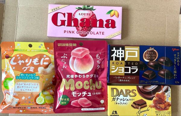 お菓子詰め合わせE1 ダースガナッシュキャラメル ガーナピンク 神戸ローストショコラ しゃりもにグミシトラス モッチュ白桃味