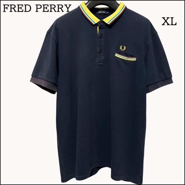 【トレンド】FRED PERRY フレッドペリー ポロシャツ XL ネイビー 刺繍 月桂樹 胸ポケット 半袖ポロシャツ