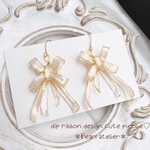 シルキーパールリボン♪ディップアートピアス スナイデル フェミニン 上品ピアス ゴールド ハンドメイド フープピアス
