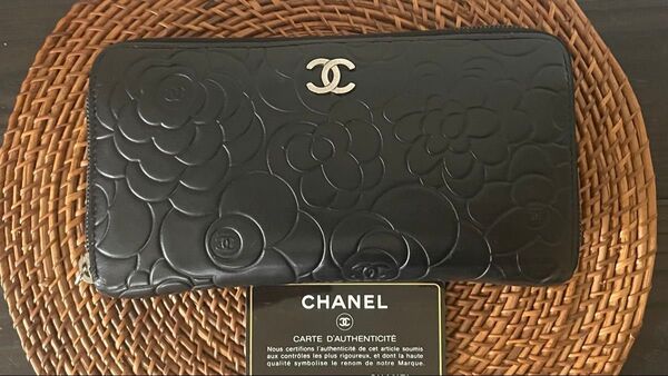 CHANEL シャネル カメリア 長財布 ラウンドファスナー 黒 シール&カード有