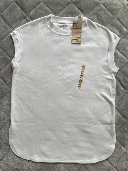 無印良品 スムース編み フレンチスリーブロング丈Tシャツ ホワイト M-L 未使用 オーガニックコットン 白T ノースリーブ