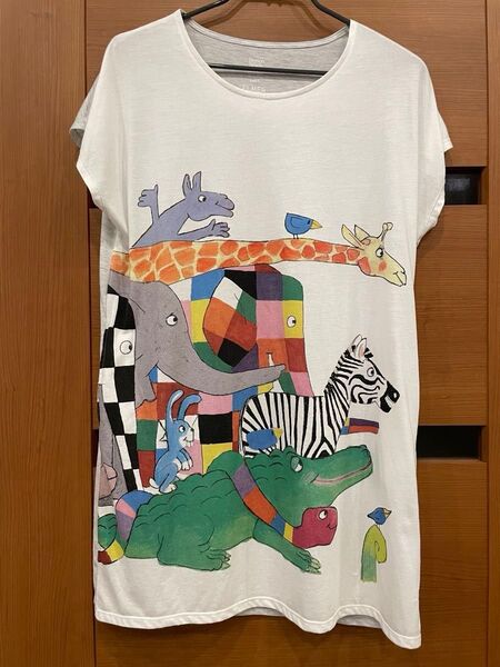 グラニフ graniph Elmer ぞうのエルマー Tシャツ チュニック ワンピース 半袖 フレンチスリーブ 絵本 動物アニマル
