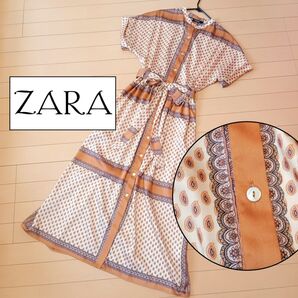 【即発送】ZARA ザラ ワンピース ペイズリー スカーフ柄 サテン 半袖 上品 大人キレイ