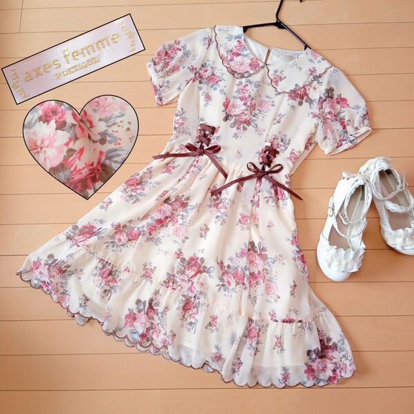 【即発送】axes femme アクシーズファム ワンピース 花柄 リボン 甘ロリ エレガント 半袖 M ロリータ kawaii