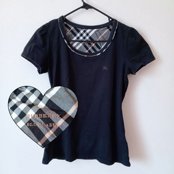 【即発送】BURBERRY BLUELABEL バーバリー カットソー Tシャツ ホースロゴ 刺繍 ノバチェック 黒 トップス