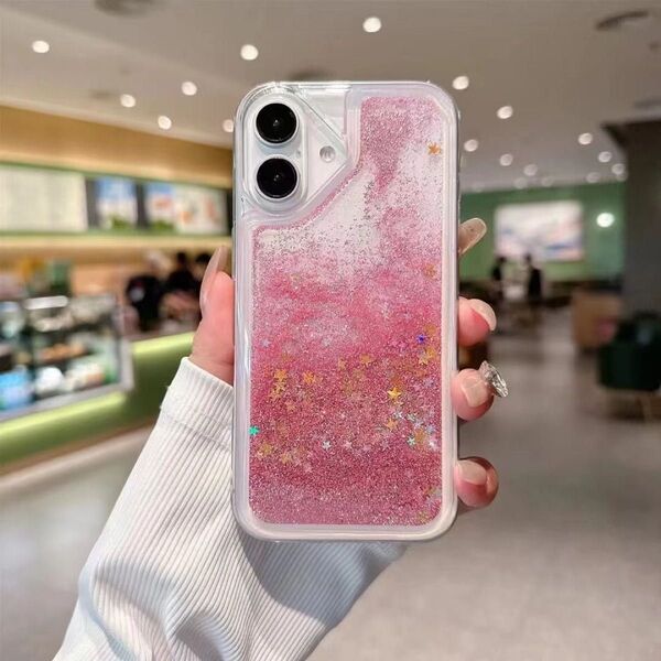 iPhone16Proケース クリア 透明ケース 液体 流砂 キラキラ かわいい オシャレ ピンク色
