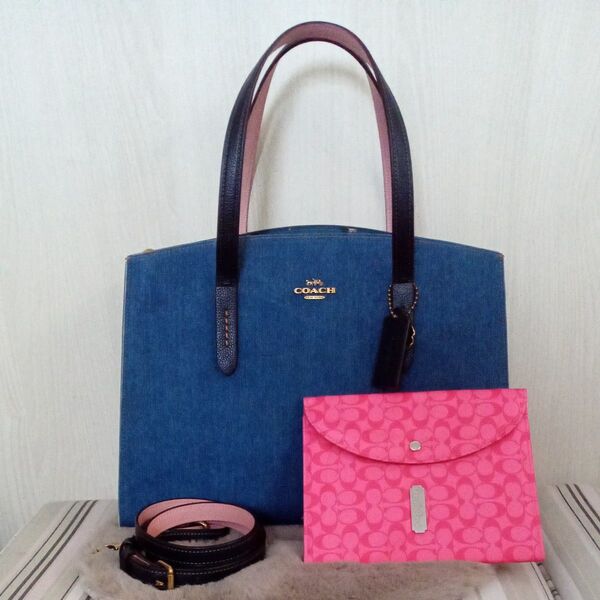 COACH デニムレザー 花柄2way トートバッグ ショルダーストラップ付き 薄型財布オマケ付き