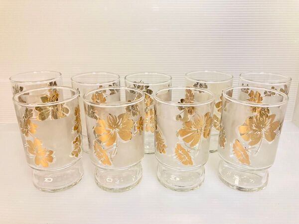 佐々木ガラス lovely10タンブラーセット9個 未使用訳有り 昭和レトロ 当時物 ガラスコップ グラス 花柄 ハイビスカス