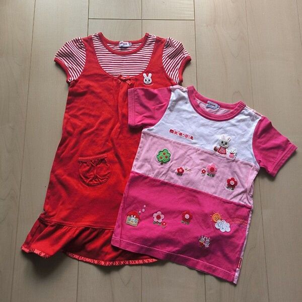 ミキハウス 120cm ワンピース 半袖Tシャツ ピンク 赤 うさこ 女の子