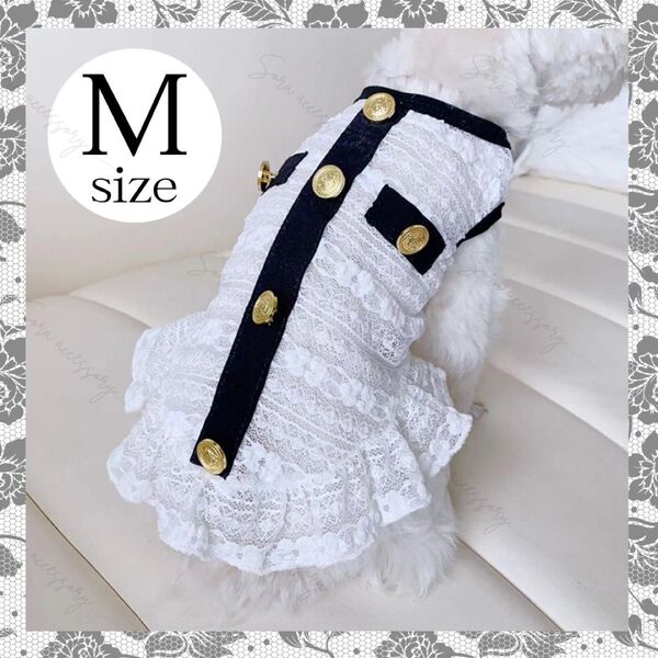 犬 猫 服 ペットウエア 高級感 レース×金ボタンワンピース ホワイト Mサイズ