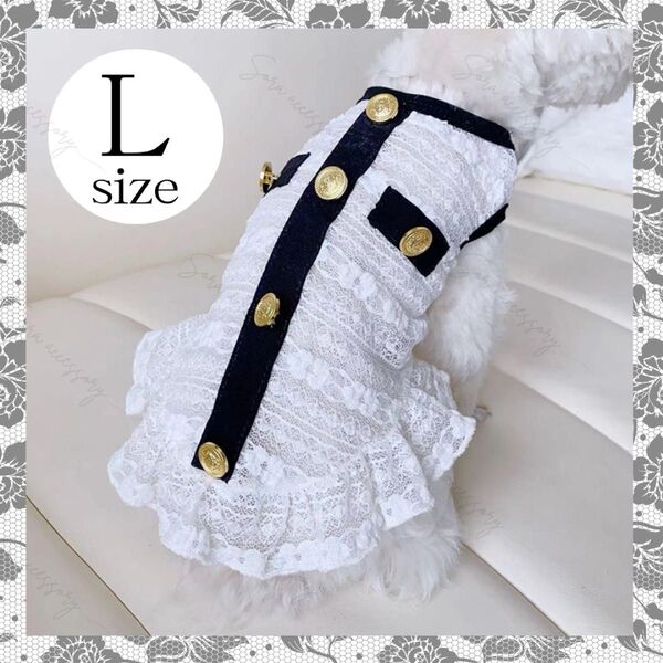 犬 猫 服 ペットウエア 高級感 レース×金ボタンワンピース ホワイト Lサイズ