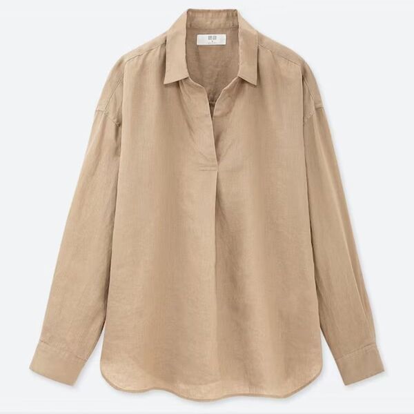 ユニクロ Lサイズ プレミアムリネン スキッパーシャツ ベージュ