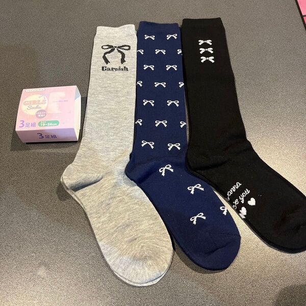 【新品☆19-24㎝】女の子用 ハイソックス 靴下 3足セット 通学用 リボン スクールハイソックス 女子ハイソックス