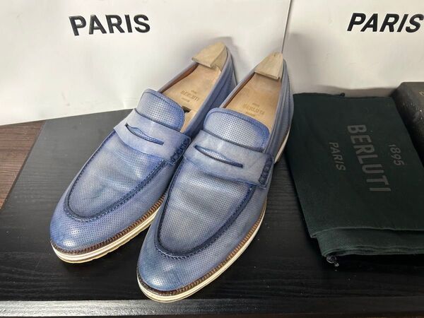 極美品 Berluti ライトブルー パティーヌ レザーローファー 7