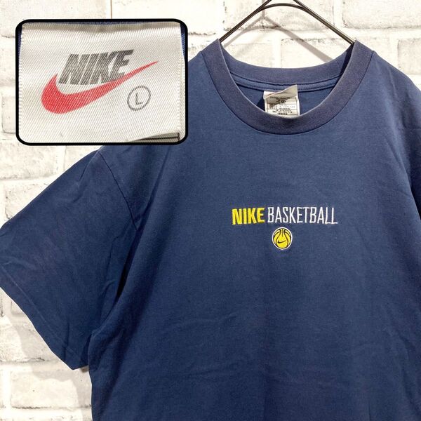 1653 NIKE ナイキ 90s Tシャツ 白タグ フェード ロゴ刺繍 ネイビー L