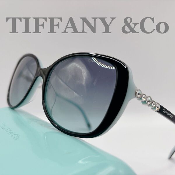 【美ライン】TIFFANY&Co. ティファニー サングラス TF4121 ラインストーン ブラック × ブルー ケース付 黒 青