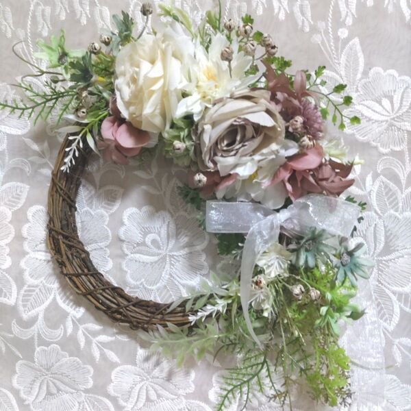 ハンドメイド フラワーリース ピンク ベージュ グリーン ナチュラル