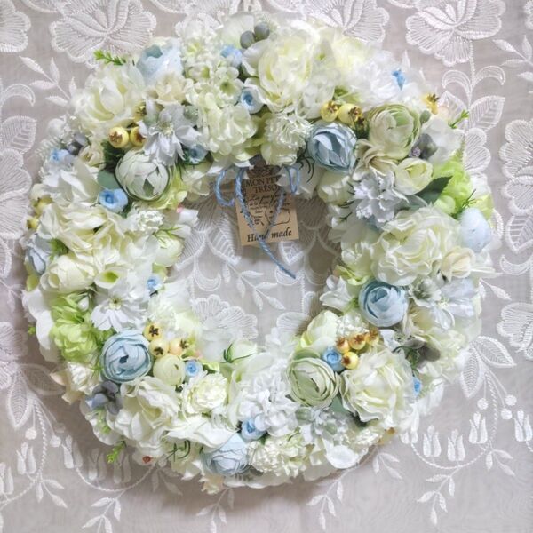 ハンドメイド リース 水色×白 アーティフィシャルフラワー