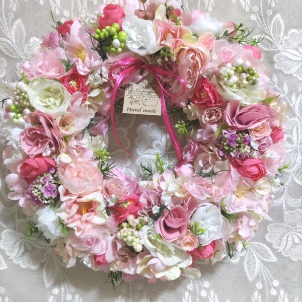 ハンドメイド リース ピンク系 アーティフィシャルフラワー