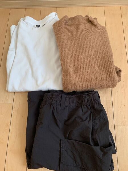 美品 UNIQLO ユニクロ U 3セット エアリズムコットンオーバーサイズTシャツ パラシュートカーゴパンツ モックネックニット