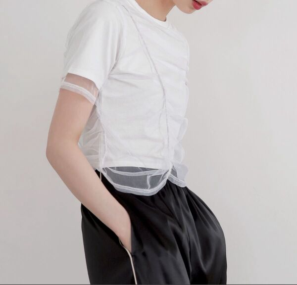 【新品】今期大人気 LIAN シャーリングチュールレイヤードTシャツ 透け感