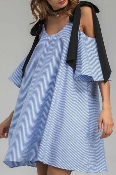 ZARA ザラ オフショル ブルー ストライプ ワンピース anuans