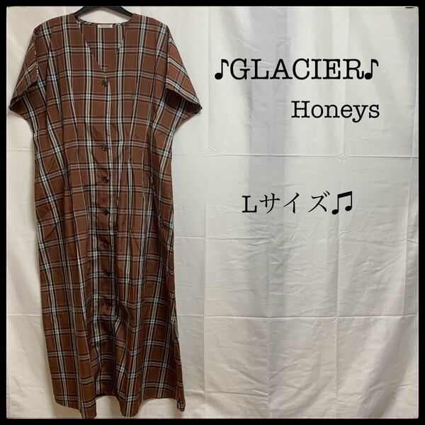 GLACIER Honey's チェック ワンピース ブラウン フレンチスリーブ チェック柄 ロング 総柄
