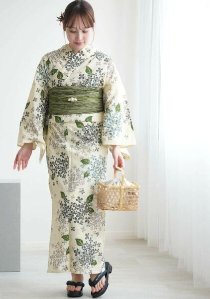 新品 未使用 浴衣 紫陽花 綿麻 あじさい リネン浴衣 ウタタネ 夏祭り 浴衣単品 フリーサイズ