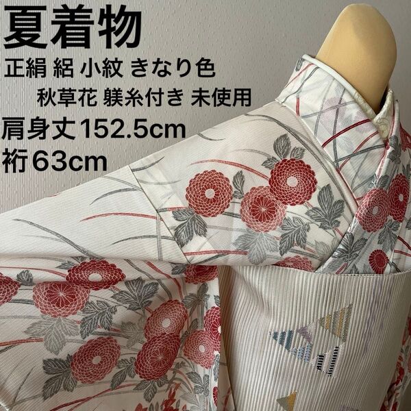 夏着物 正絹 絽 小紋 菊 撫子 桔梗 エクリュホワイト 生成 躾糸付き 未使用