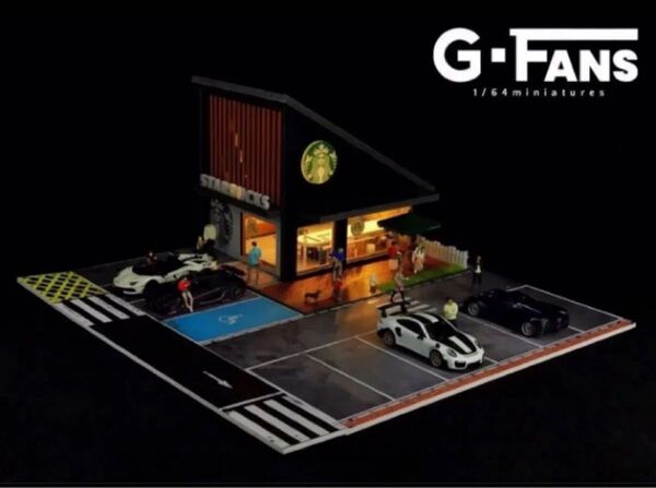 ★即納 スターバックス ジオラマ 点灯 組立式 駐車場 1/64ミニカーガレージ