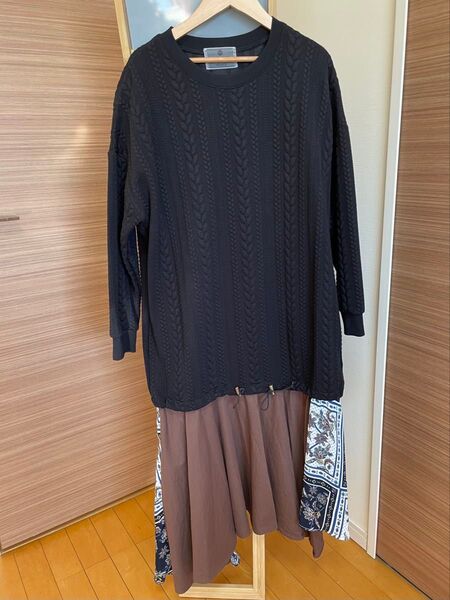 laymee ワンピース レディース ロング muelchic 黒 お得 長袖 free スカーフ 柄 極美品 定価17000円